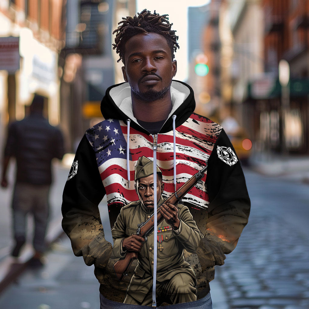 Henry Johnson Black History Month Zip Hoodie Distressed US Flag American Hero Portrait
