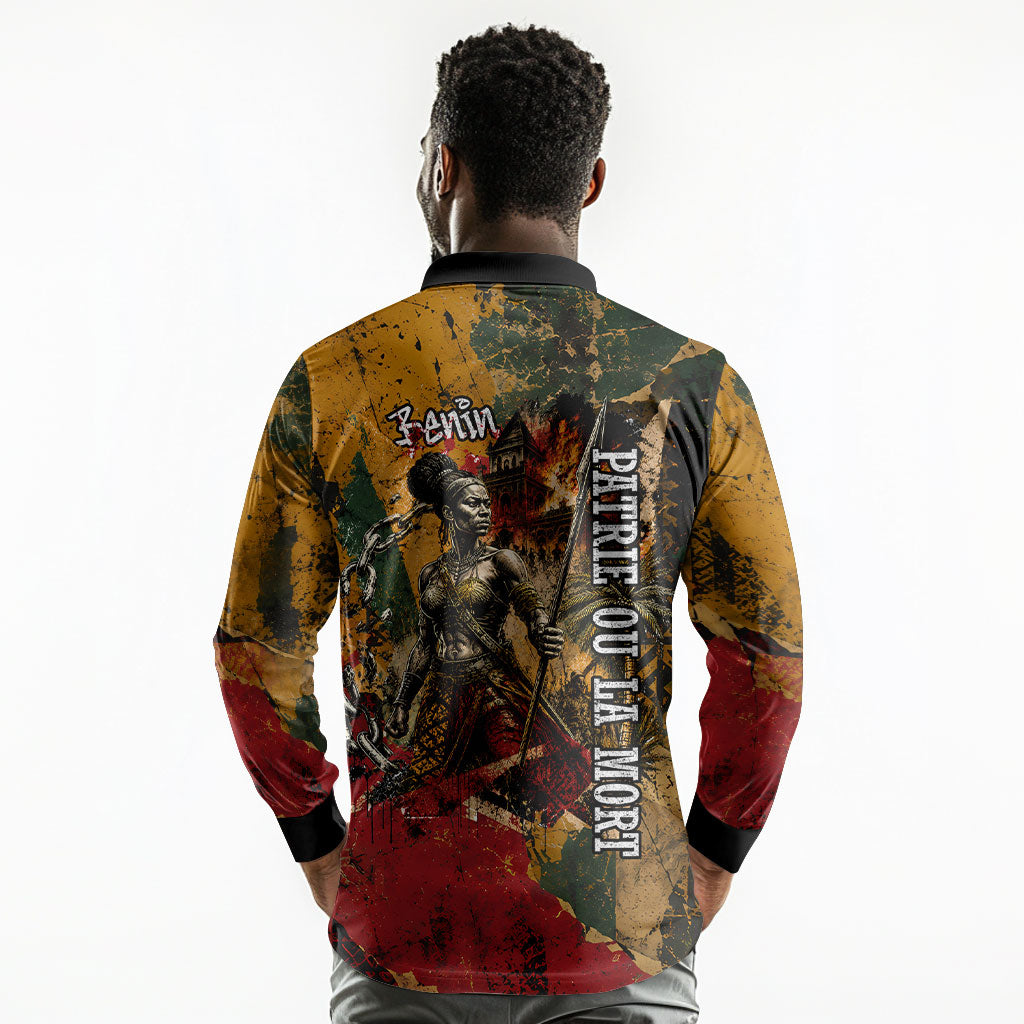 Benin Independence Day King Behanzin Long Sleeve Polo Shirt Dahomey Amazons National Motto