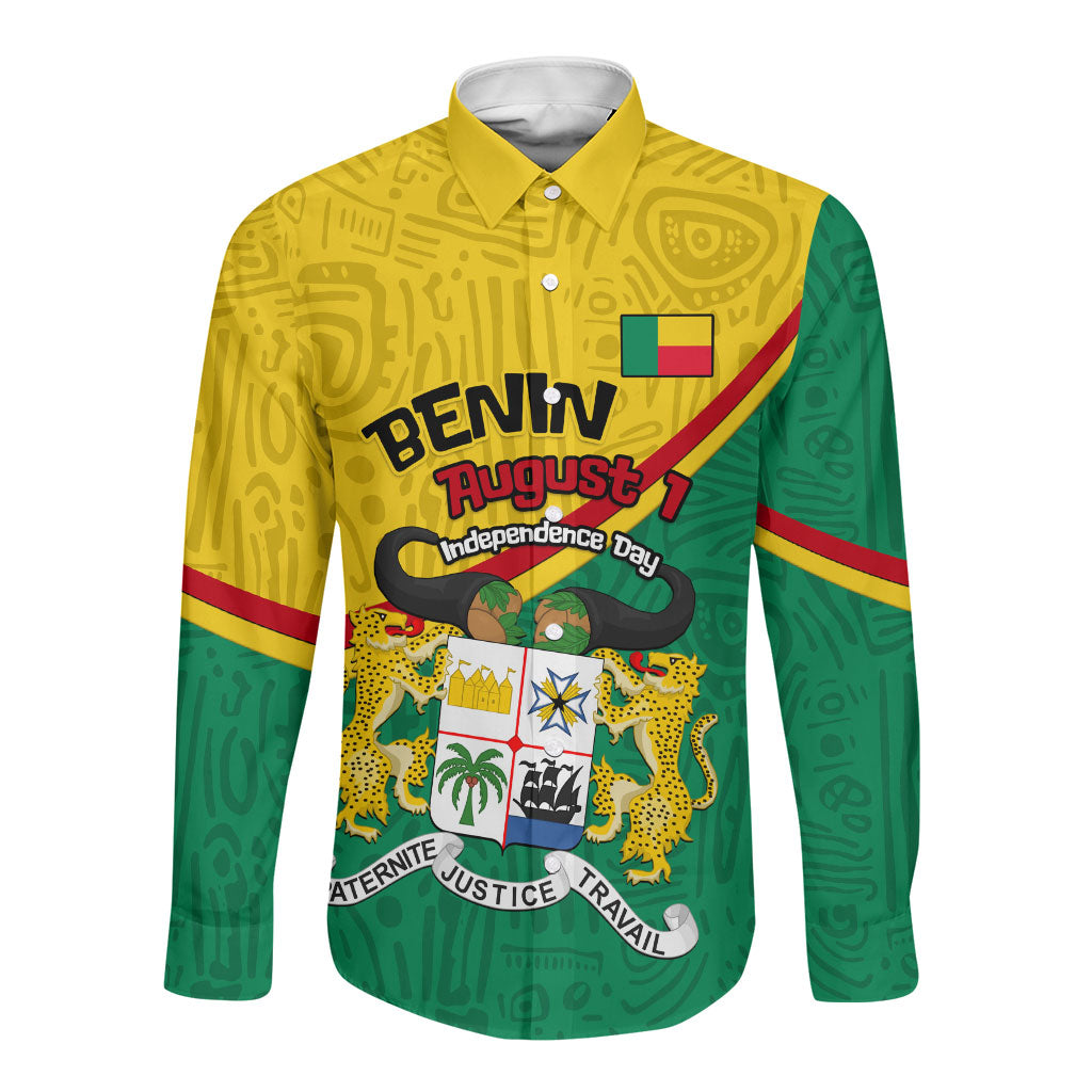 Benin Independence Day August 1 Long Sleeve Button Shirt Coat Of Arms Heritage Raised Fist Flag