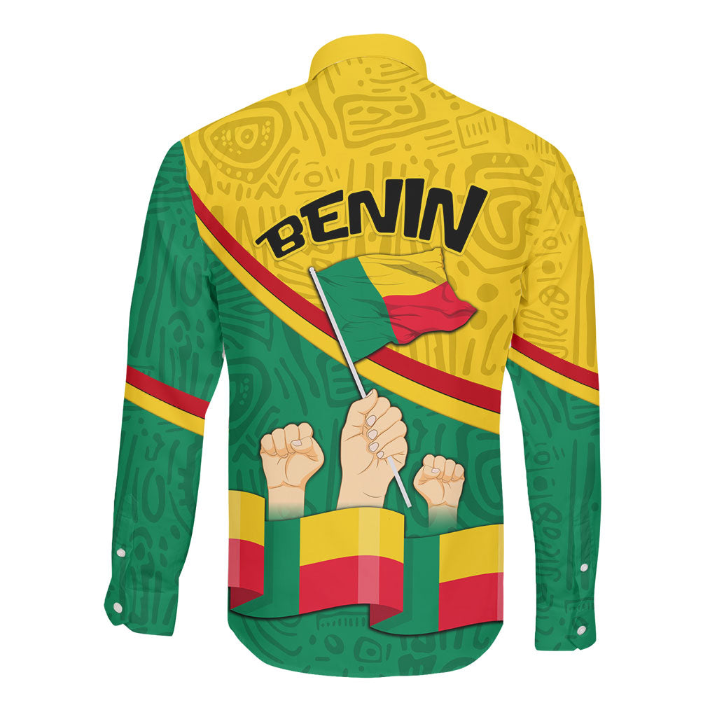 Benin Independence Day August 1 Long Sleeve Button Shirt Coat Of Arms Heritage Raised Fist Flag