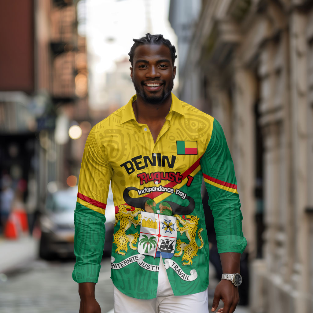 Benin Independence Day August 1 Long Sleeve Button Shirt Coat Of Arms Heritage Raised Fist Flag