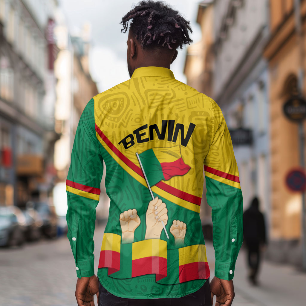 Benin Independence Day August 1 Long Sleeve Button Shirt Coat Of Arms Heritage Raised Fist Flag