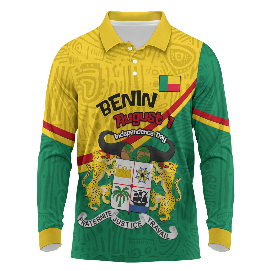 Benin Independence Day August 1 Long Sleeve Polo Shirt Coat Of Arms Heritage Raised Fist Flag