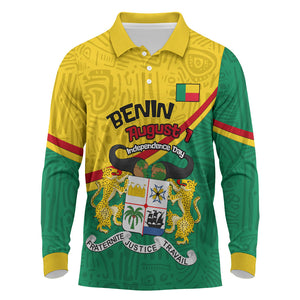 Benin Independence Day August 1 Long Sleeve Polo Shirt Coat Of Arms Heritage Raised Fist Flag