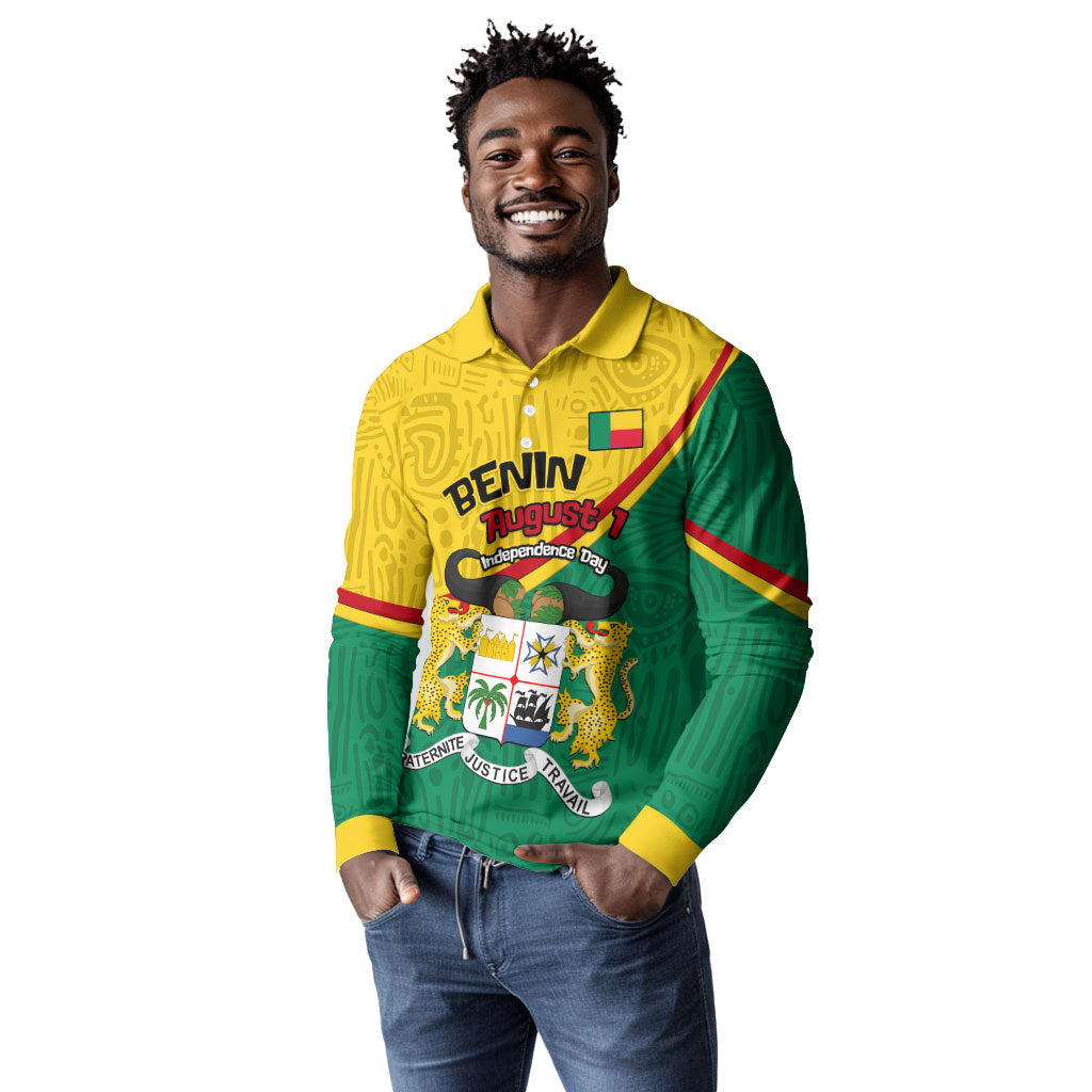 Benin Independence Day August 1 Long Sleeve Polo Shirt Coat Of Arms Heritage Raised Fist Flag