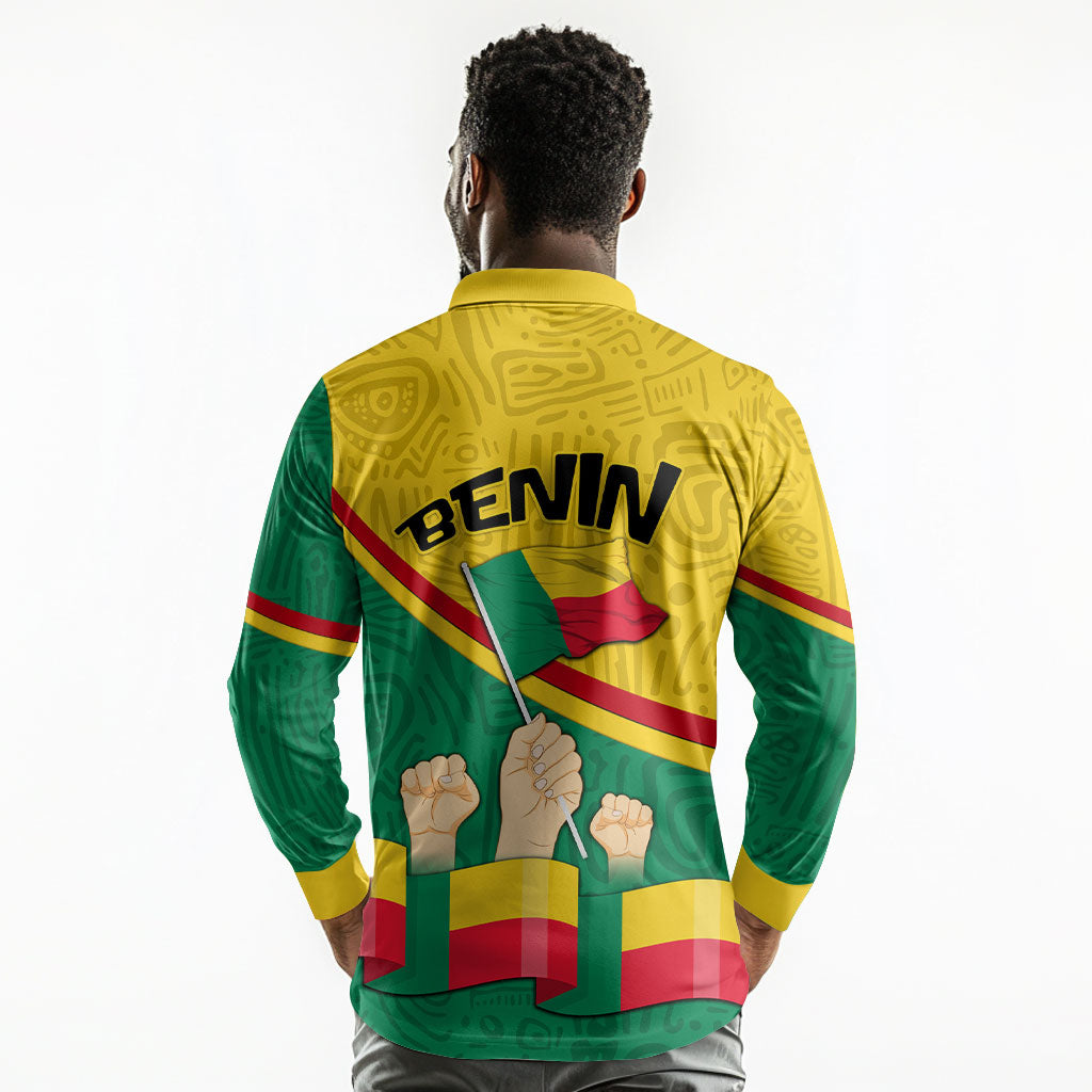 Benin Independence Day August 1 Long Sleeve Polo Shirt Coat Of Arms Heritage Raised Fist Flag