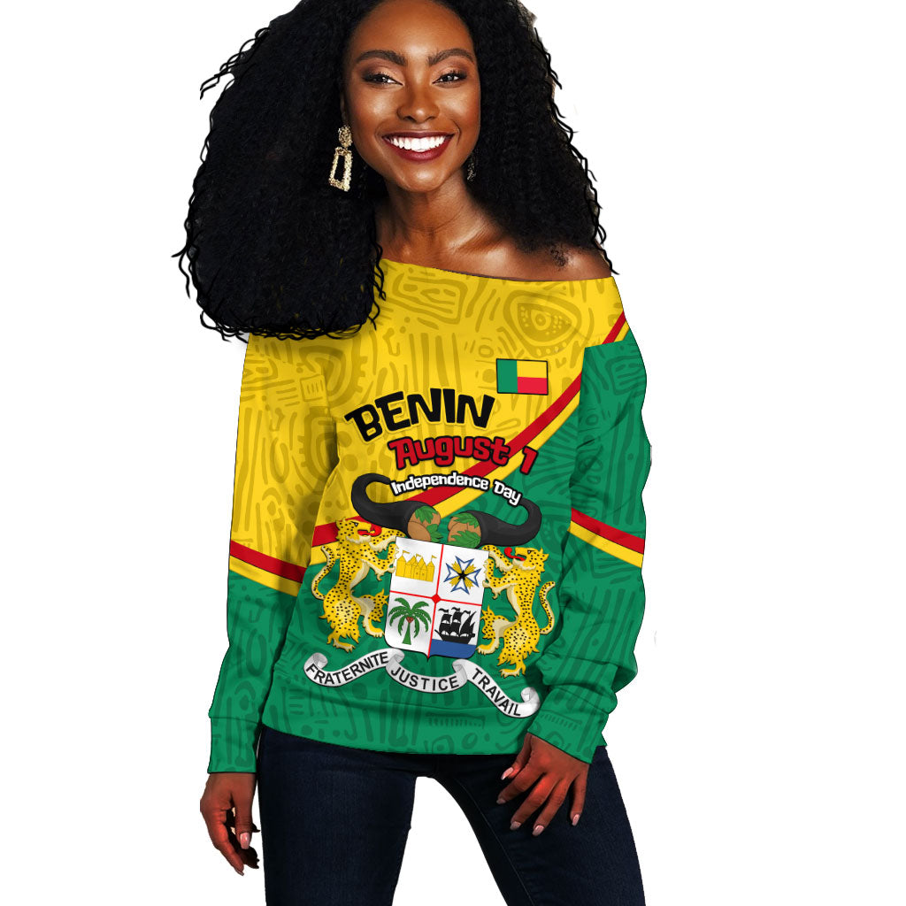 Benin Independence Day August 1 Off Shoulder Sweater Coat Of Arms Heritage Raised Fist Flag