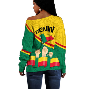 Benin Independence Day August 1 Off Shoulder Sweater Coat Of Arms Heritage Raised Fist Flag