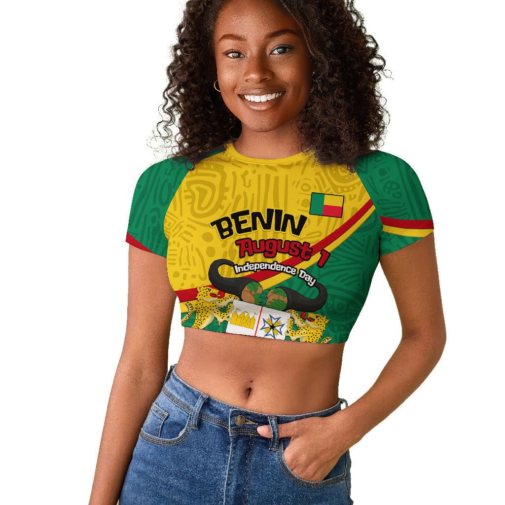 Benin Independence Day August 1 Raglan Cropped T shirt Coat Of Arms Heritage Raised Fist Flag