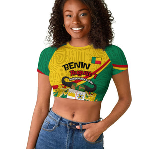 Benin Independence Day August 1 Raglan Cropped T shirt Coat Of Arms Heritage Raised Fist Flag