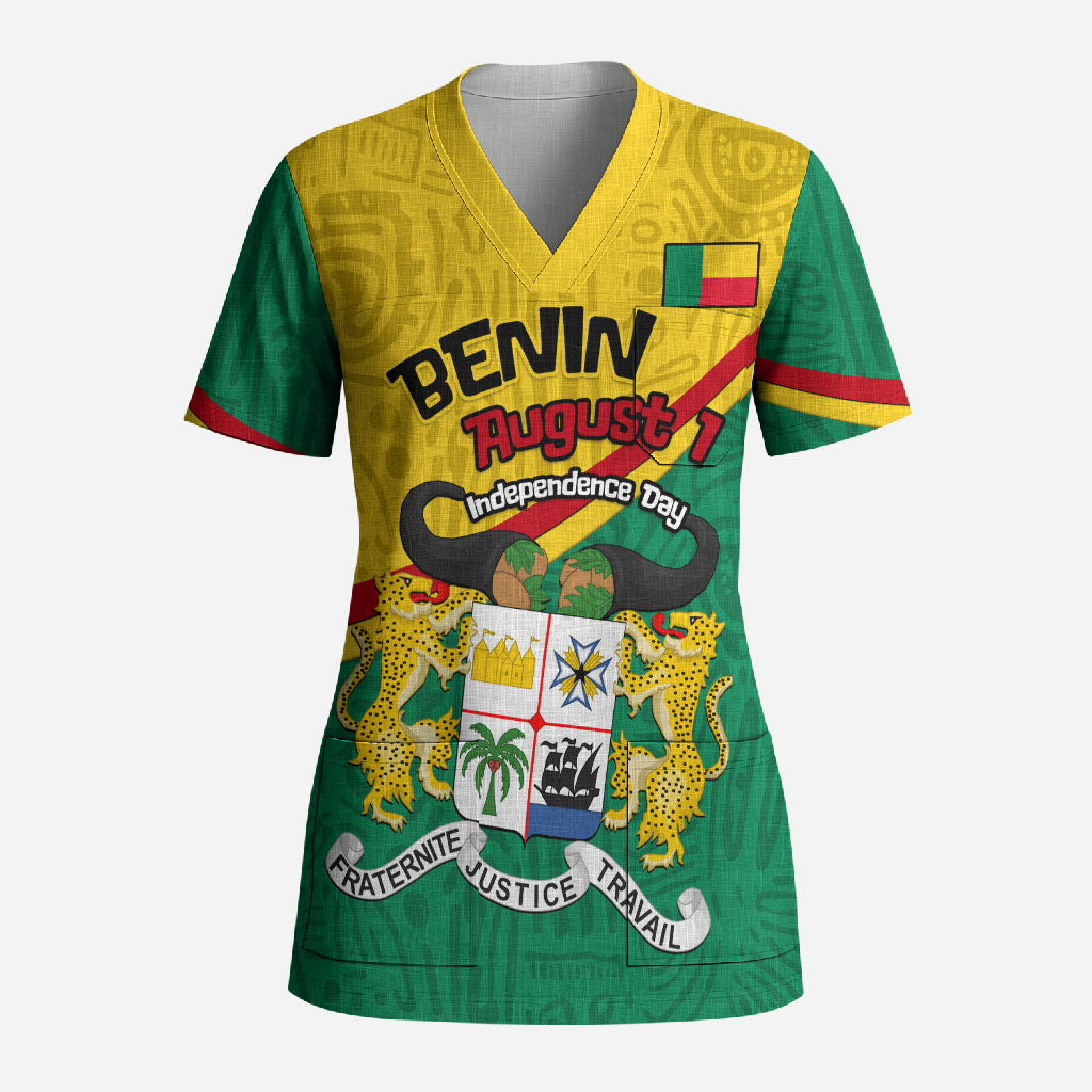 Benin Independence Day August 1 Scrub Top Coat Of Arms Heritage Raised Fist Flag