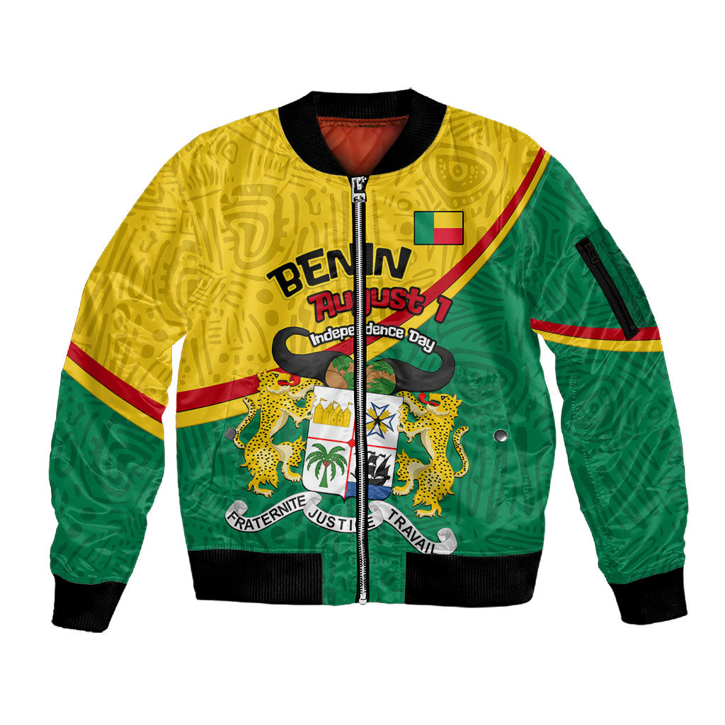 Benin Independence Day August 1 Sleeve Zip Bomber Jacket Coat Of Arms Heritage Raised Fist Flag
