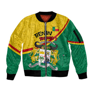 Benin Independence Day August 1 Sleeve Zip Bomber Jacket Coat Of Arms Heritage Raised Fist Flag