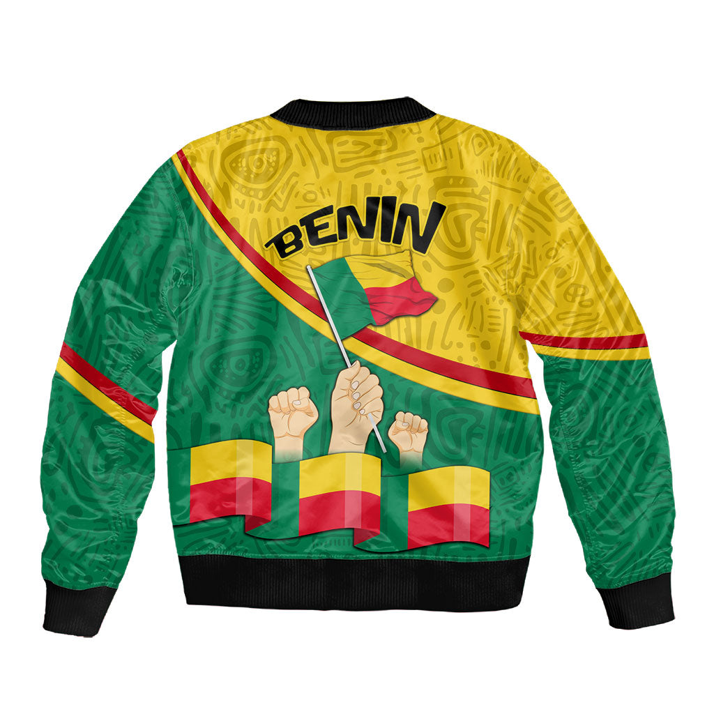 Benin Independence Day August 1 Sleeve Zip Bomber Jacket Coat Of Arms Heritage Raised Fist Flag
