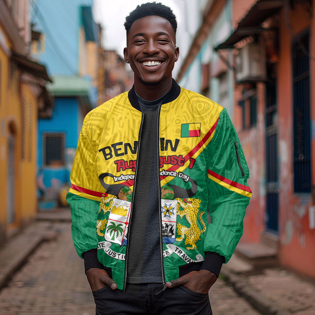 Benin Independence Day August 1 Sleeve Zip Bomber Jacket Coat Of Arms Heritage Raised Fist Flag