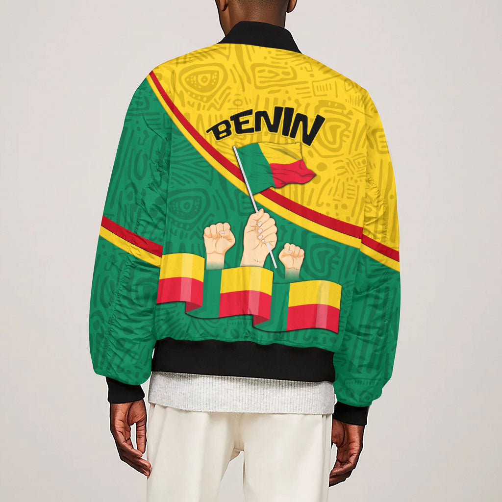 Benin Independence Day August 1 Sleeve Zip Bomber Jacket Coat Of Arms Heritage Raised Fist Flag