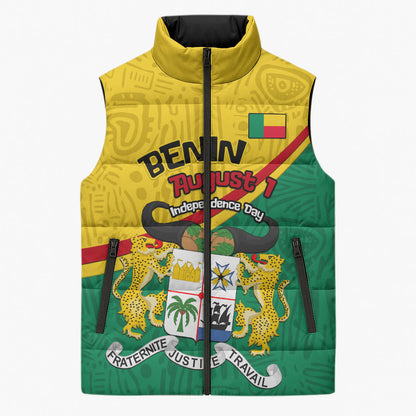 Benin Independence Day August 1 Sleeveless Puffer Jacket Coat Of Arms Heritage Raised Fist Flag
