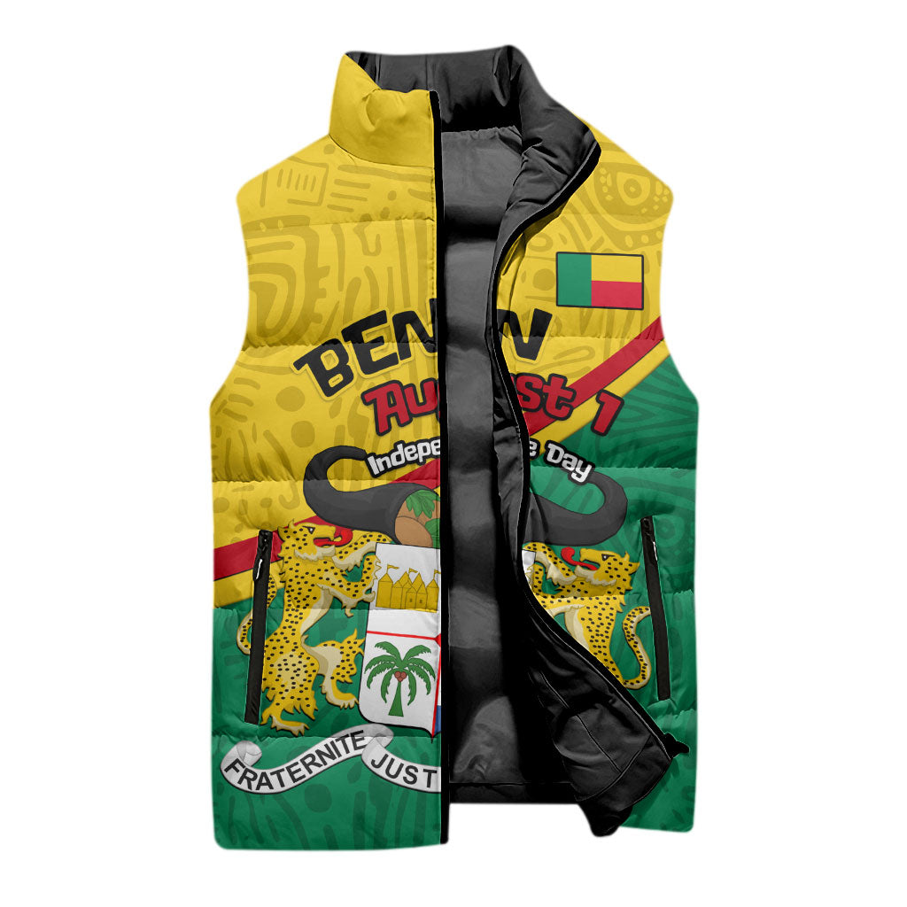 Benin Independence Day August 1 Sleeveless Puffer Jacket Coat Of Arms Heritage Raised Fist Flag