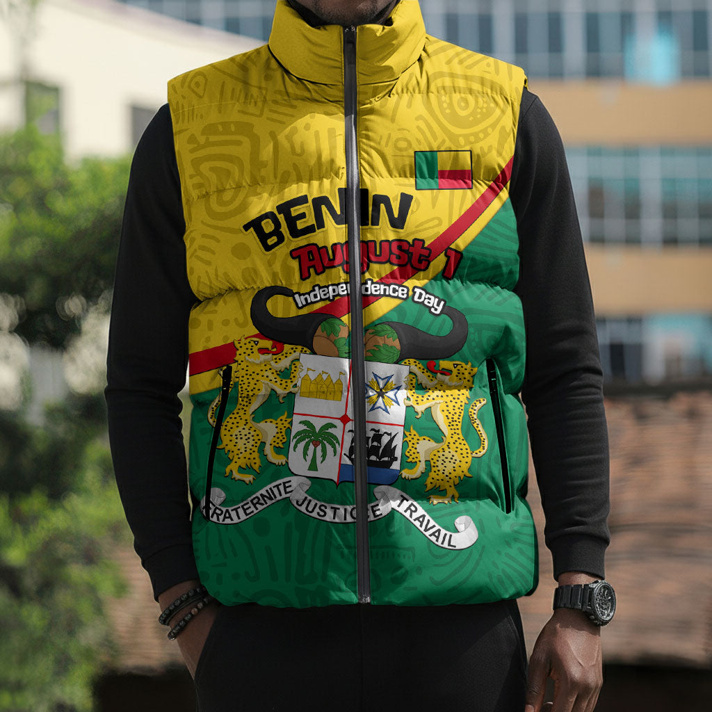Benin Independence Day August 1 Sleeveless Puffer Jacket Coat Of Arms Heritage Raised Fist Flag
