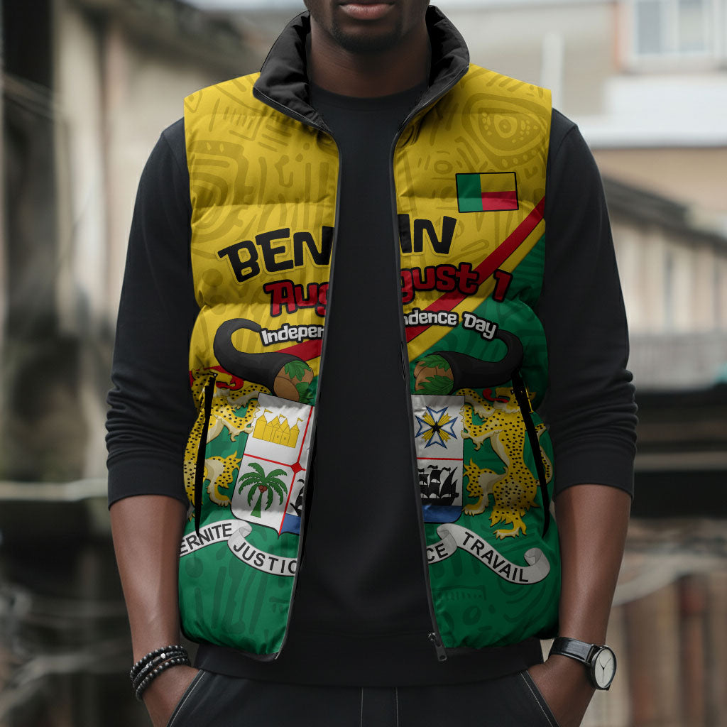 Benin Independence Day August 1 Sleeveless Puffer Jacket Coat Of Arms Heritage Raised Fist Flag