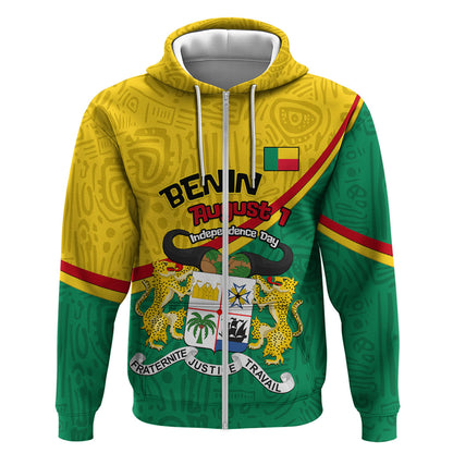 Benin Independence Day August 1 Zip Hoodie Coat Of Arms Heritage Raised Fist Flag