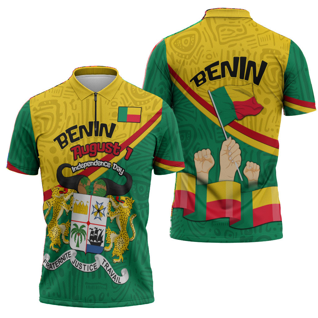 Benin Independence Day August 1 Zipper Polo Shirt Coat Of Arms Heritage Raised Fist Flag
