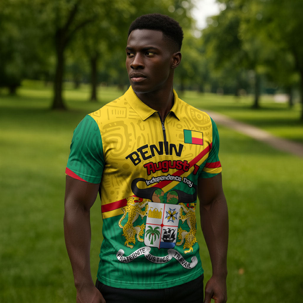 Benin Independence Day August 1 Zipper Polo Shirt Coat Of Arms Heritage Raised Fist Flag
