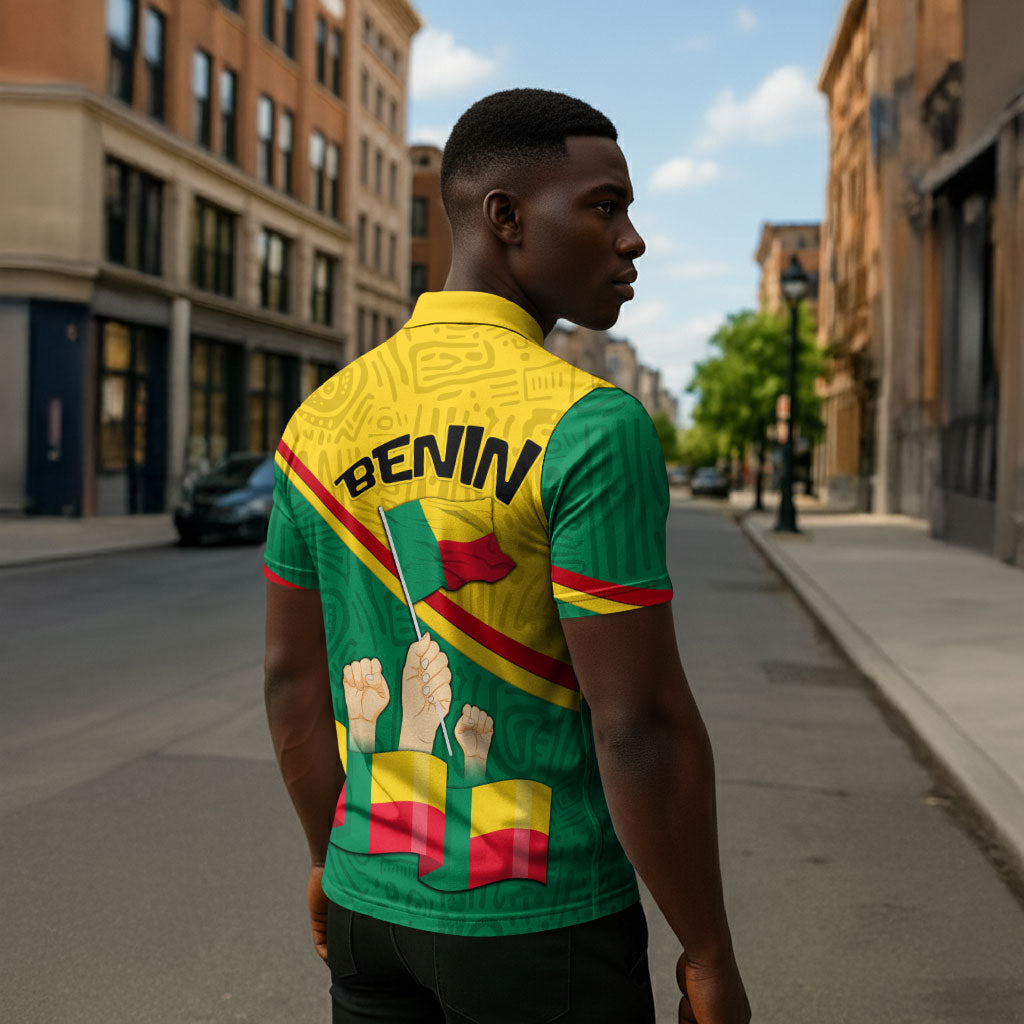 Benin Independence Day August 1 Zipper Polo Shirt Coat Of Arms Heritage Raised Fist Flag