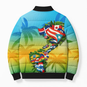 Caribbean-American Heritage Month Bomber Puffer Jacket Colorful Caribbean & Latin American Flag Map
