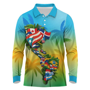 Caribbean-American Heritage Month Long Sleeve Polo Shirt Colorful Caribbean & Latin American Flag Map