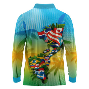 Caribbean-American Heritage Month Long Sleeve Polo Shirt Colorful Caribbean & Latin American Flag Map