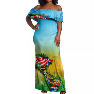 Caribbean-American Heritage Month Off Shoulder Maxi Dress Colorful Caribbean & Latin American Flag Map