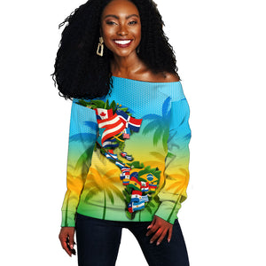 Caribbean-American Heritage Month Off Shoulder Sweater Colorful Caribbean & Latin American Flag Map