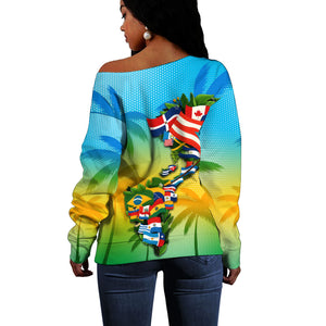 Caribbean-American Heritage Month Off Shoulder Sweater Colorful Caribbean & Latin American Flag Map