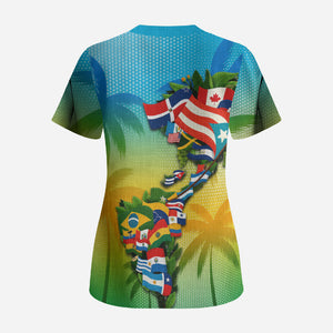 Caribbean-American Heritage Month Scrub Top Colorful Caribbean & Latin American Flag Map