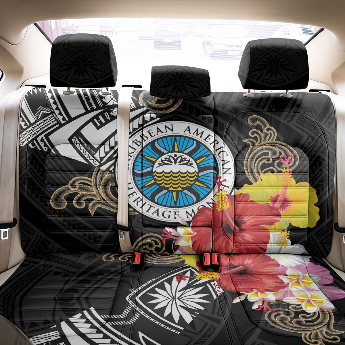 Caribbean American Heritage Month Back Car Seat Cover Tribal Pattern Tropical Hibiscus Flower