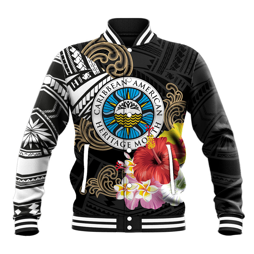 Caribbean American Heritage Month Baseball Jacket Tribal Pattern Tropical Hibiscus Flower