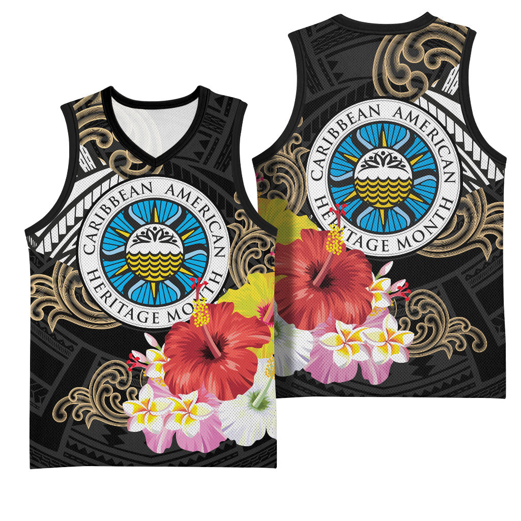 Caribbean American Heritage Month Basketball Jersey Tribal Pattern Tropical Hibiscus Flower