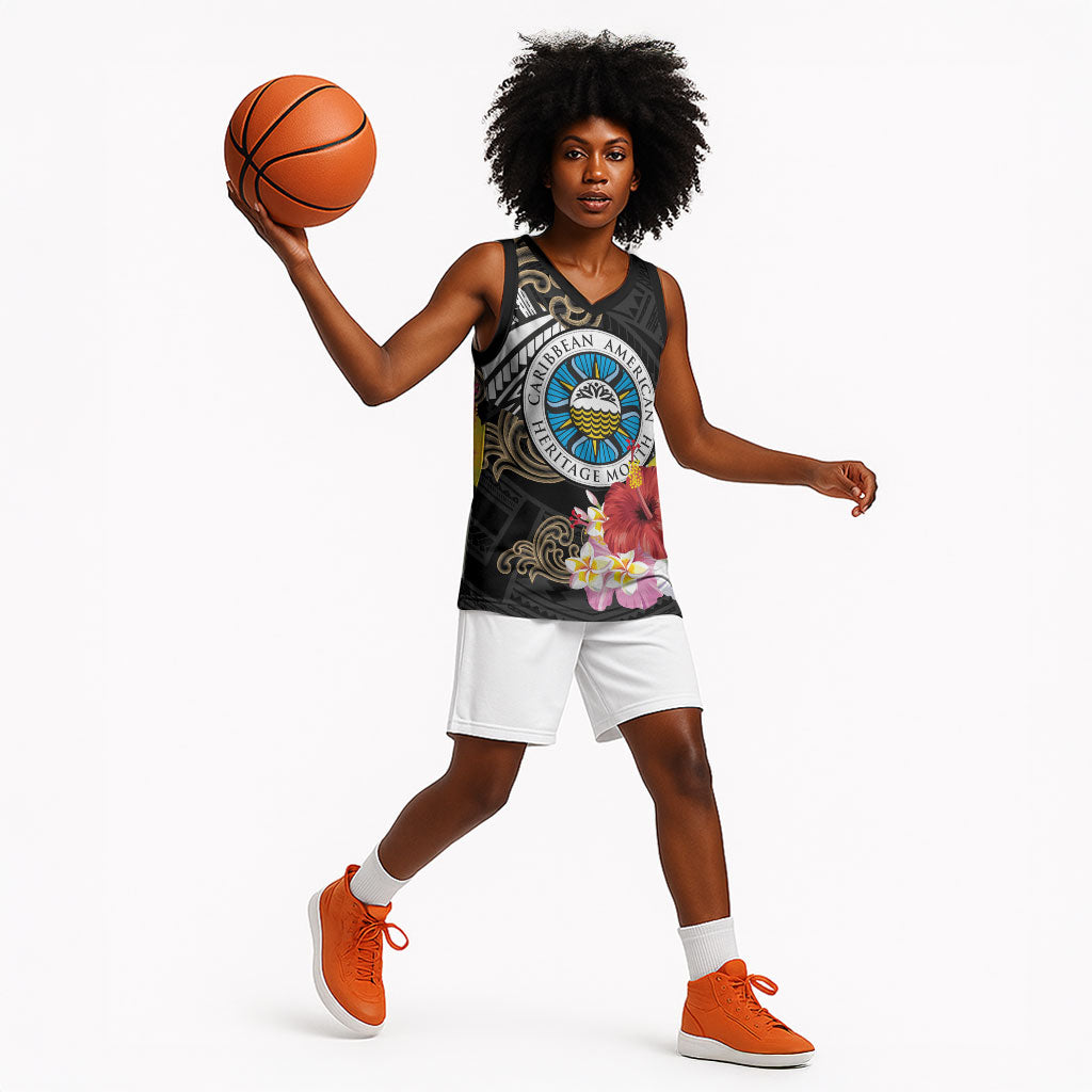 Caribbean American Heritage Month Basketball Jersey Tribal Pattern Tropical Hibiscus Flower