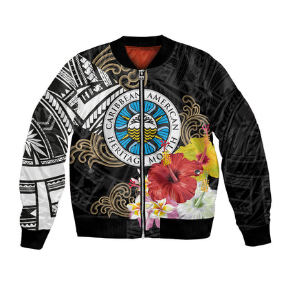 Caribbean American Heritage Month Bomber Jacket Tribal Pattern Tropical Hibiscus Flower