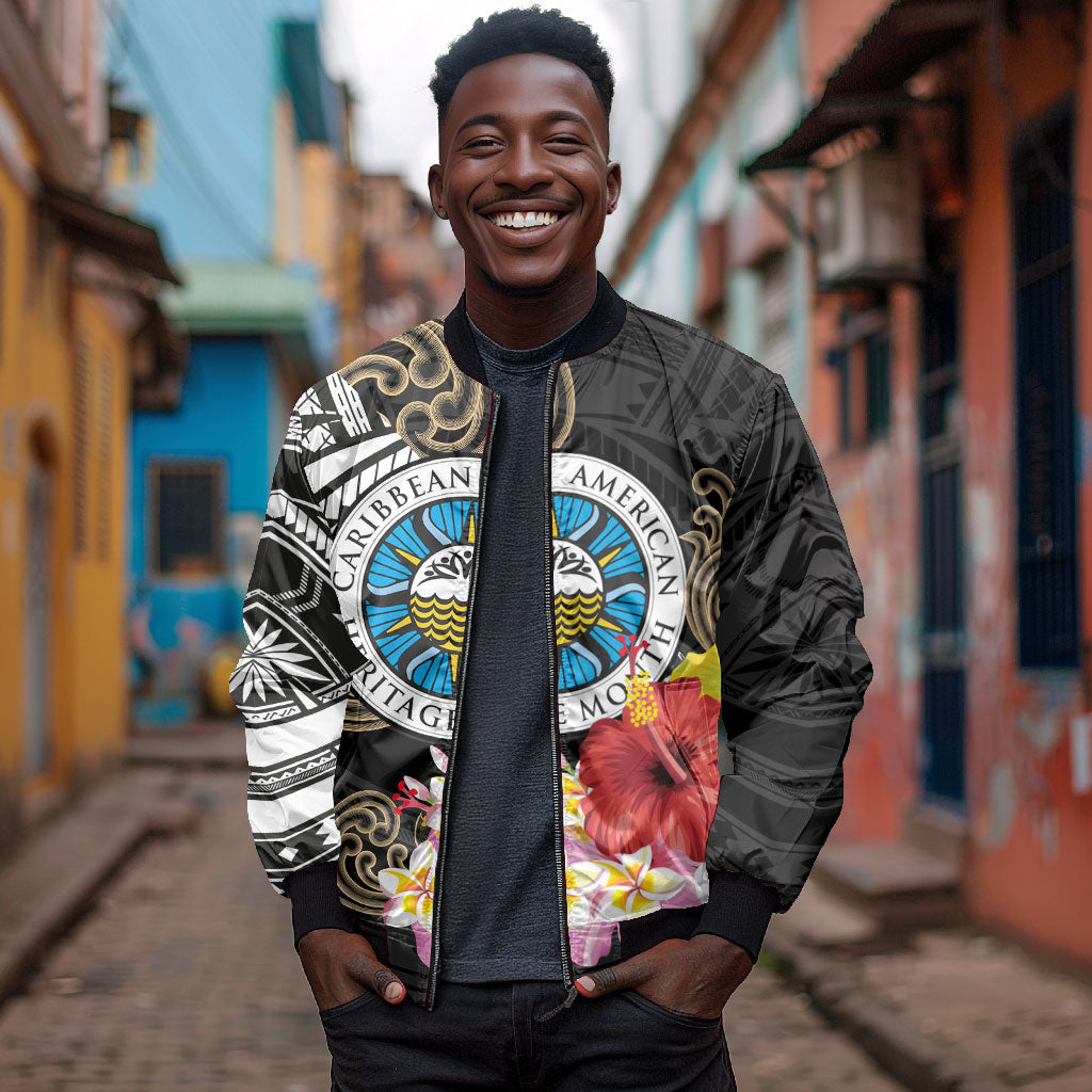 Caribbean American Heritage Month Bomber Jacket Tribal Pattern Tropical Hibiscus Flower