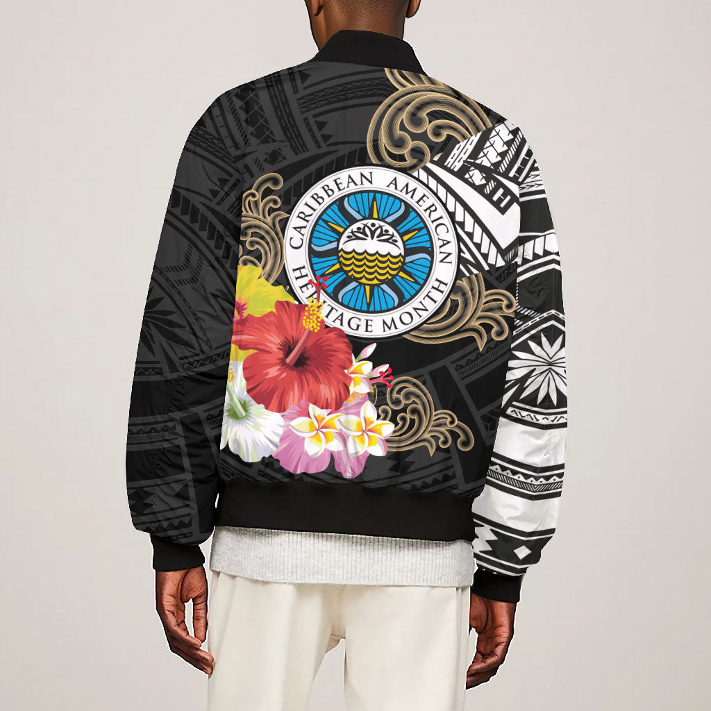 Caribbean American Heritage Month Bomber Jacket Tribal Pattern Tropical Hibiscus Flower