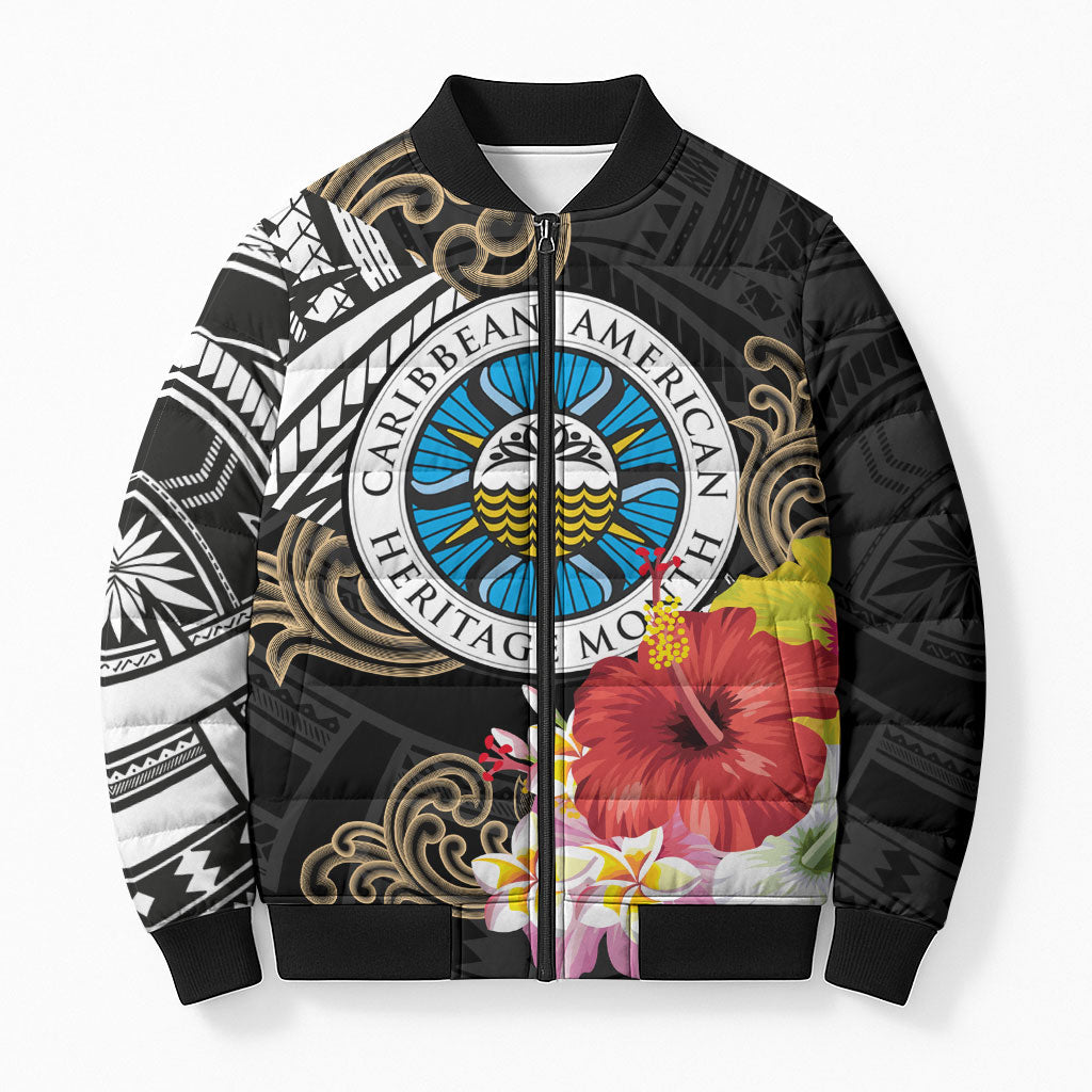 Caribbean American Heritage Month Bomber Puffer Jacket Tribal Pattern Tropical Hibiscus Flower