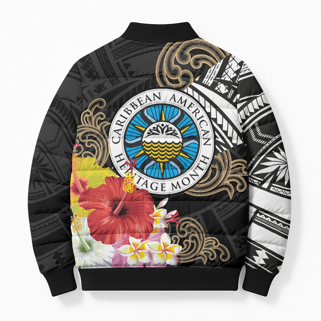 Caribbean American Heritage Month Bomber Puffer Jacket Tribal Pattern Tropical Hibiscus Flower