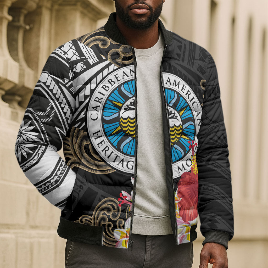 Caribbean American Heritage Month Bomber Puffer Jacket Tribal Pattern Tropical Hibiscus Flower