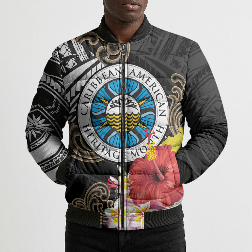 Caribbean American Heritage Month Bomber Puffer Jacket Tribal Pattern Tropical Hibiscus Flower
