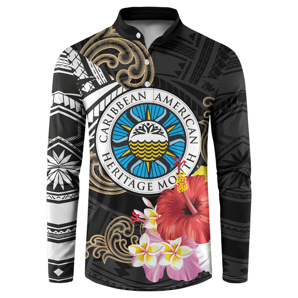 Caribbean American Heritage Month Button Sweatshirt Tribal Pattern Tropical Hibiscus Flower