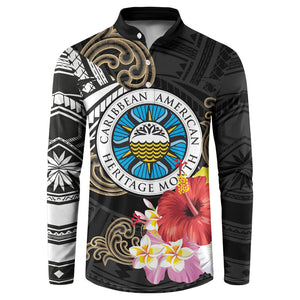 Caribbean American Heritage Month Button Sweatshirt Tribal Pattern Tropical Hibiscus Flower