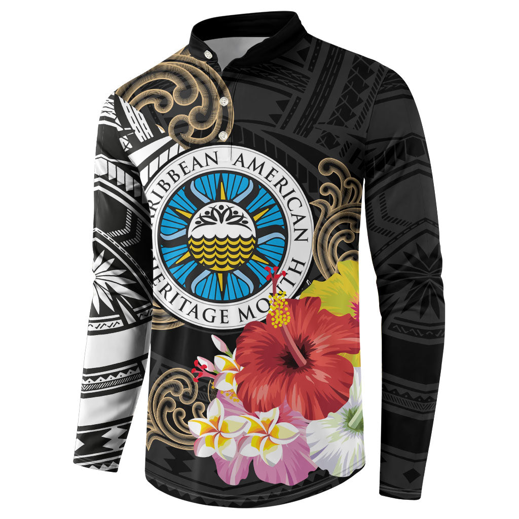 Caribbean American Heritage Month Button Sweatshirt Tribal Pattern Tropical Hibiscus Flower