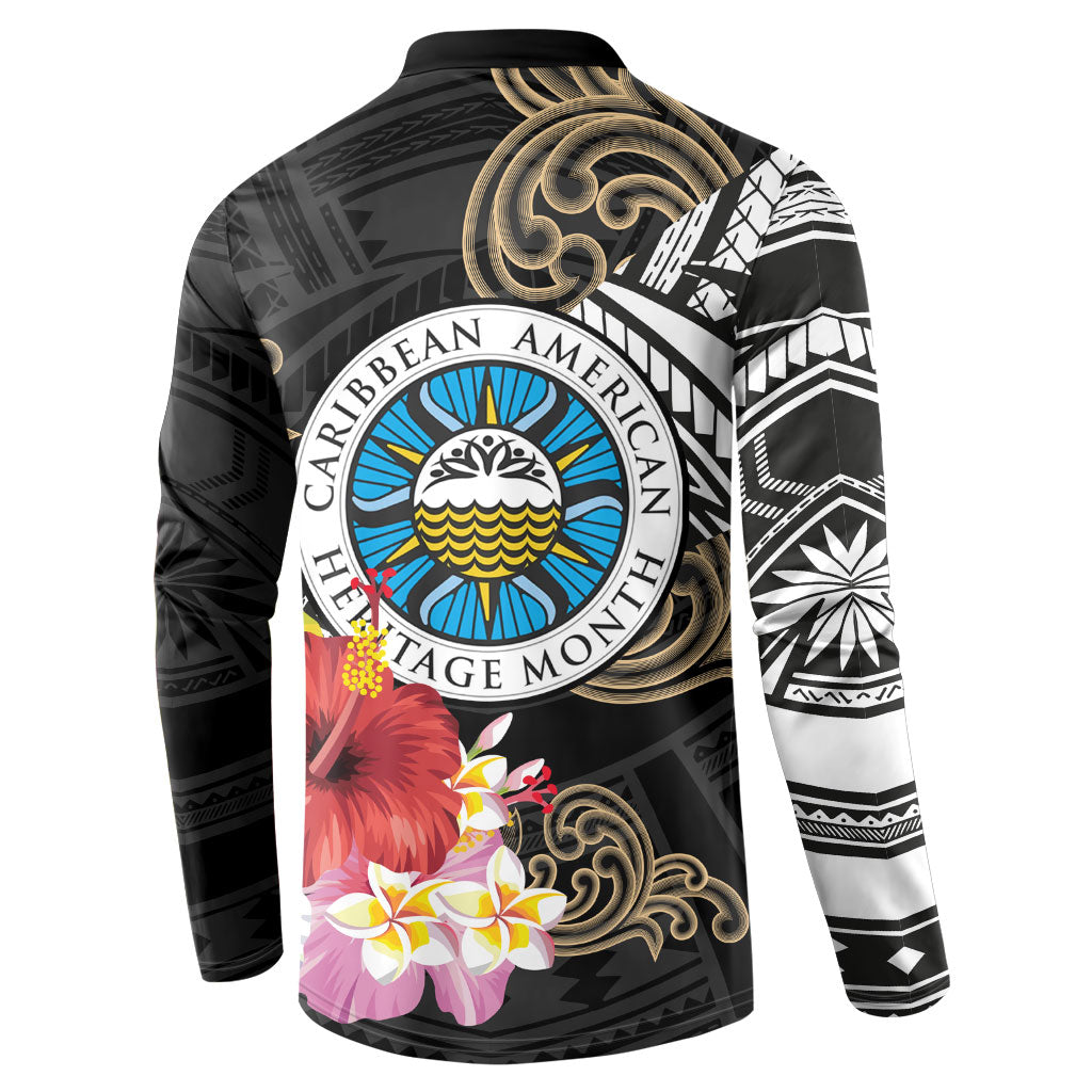 Caribbean American Heritage Month Button Sweatshirt Tribal Pattern Tropical Hibiscus Flower